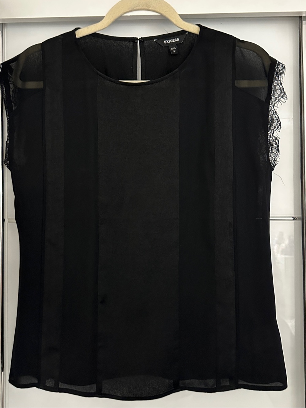 Express Black Sheer Blouse with Lace Cap Sleeves